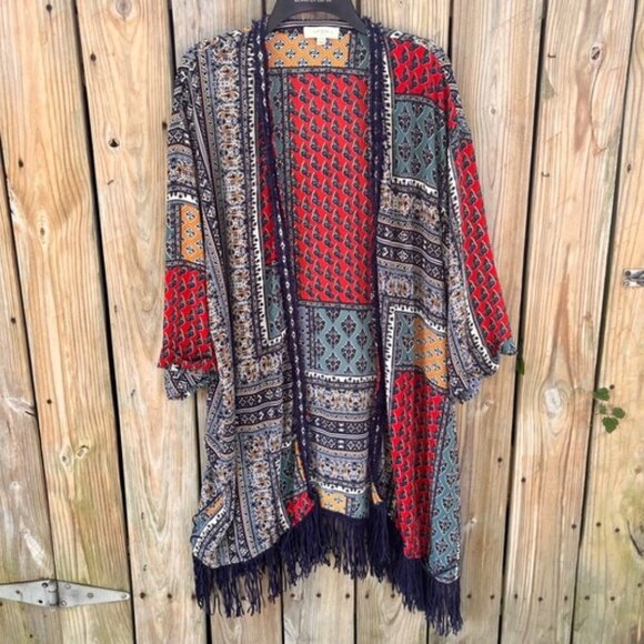 Umgee Multicolor Boho Patchwork Open Front Longline Kimono with Fringe XL/1XL - Picture 1 of 10